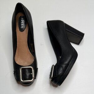 FOSSIL MADDOX Black Leather Buckle Platforms PUMPS Block Heel Shoes S-419 Sz 7.5
